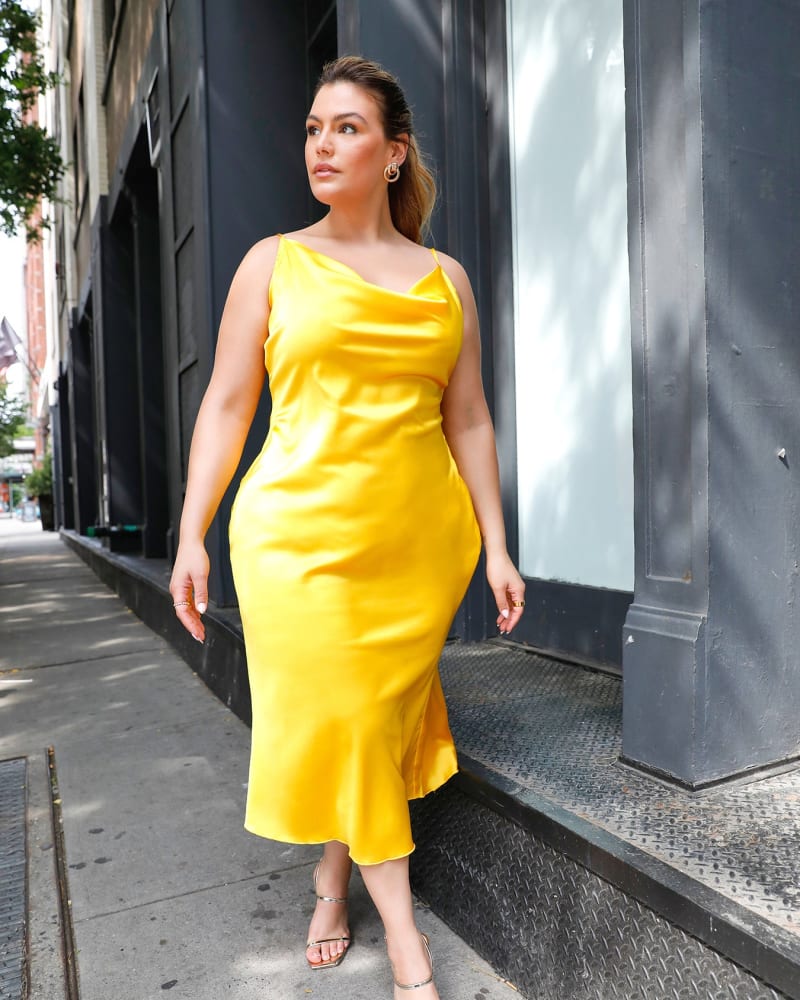 High Key Satin Cowl Neck Midi Shift Dress Yellow Yellow